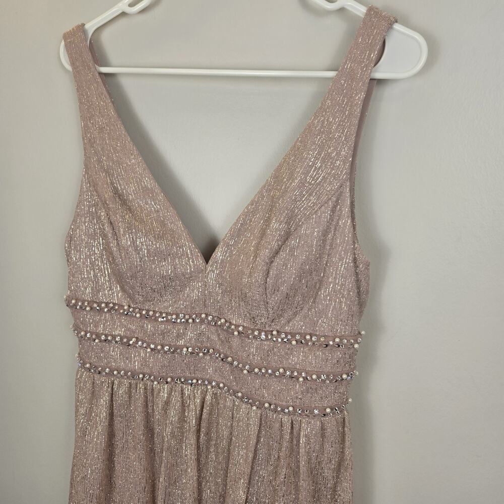 City Triangles Metallic ALine Gown with Beaded Waist Bands Blush PROM WEDDING 13 - Picture 3 of 12